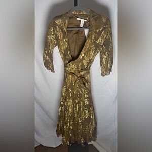 Diane Von Furstenberg Gold and Brown Long Sleeve Dress